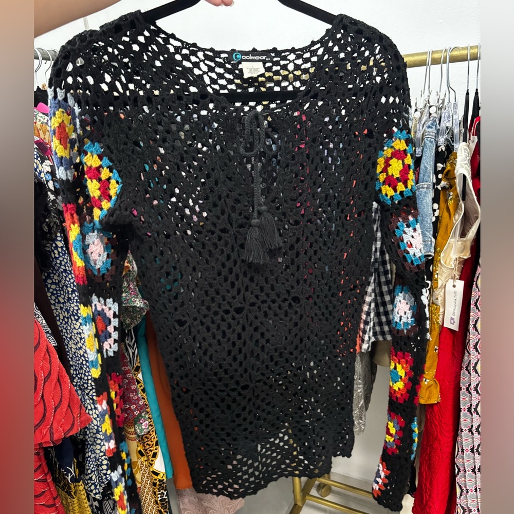 Coolwear Black Multicolor Crochet Sweater